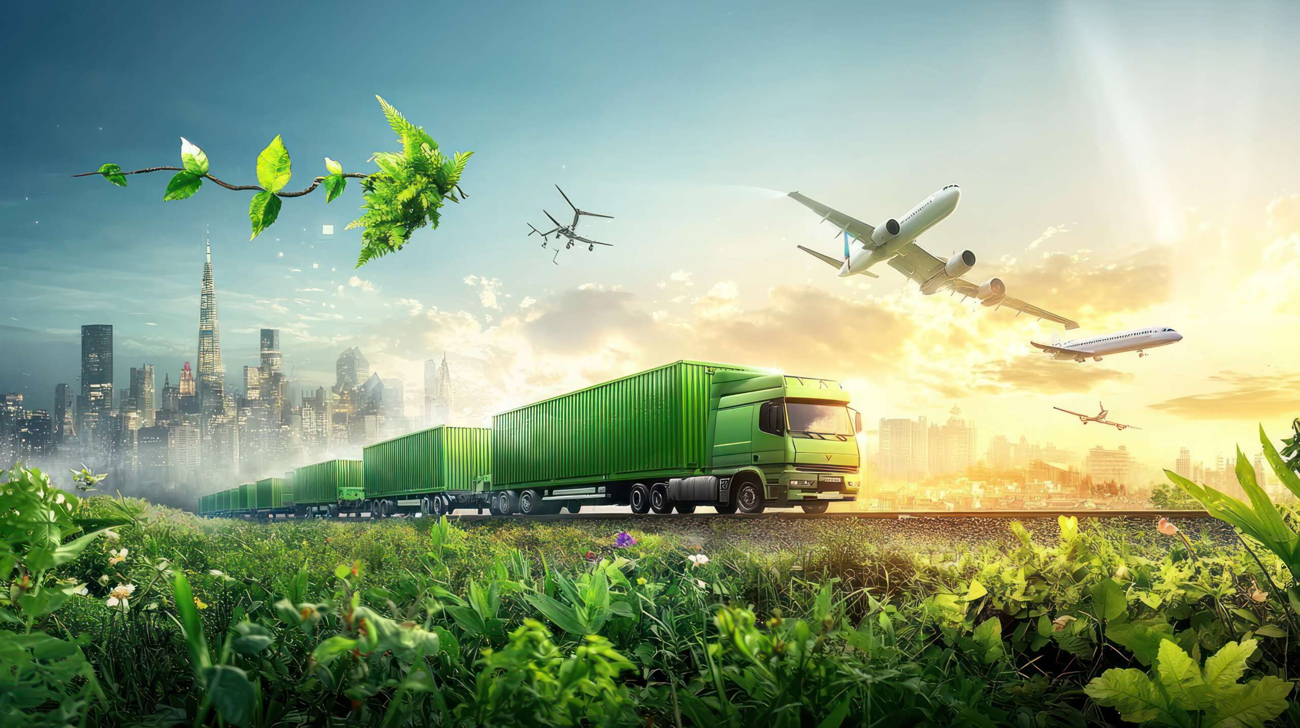 Green logistic or Sustainable transport. Sustainable global transport. logistics or travel by Ship, car, train, airplane, truck, with clean energy and eco friendly process to Net zero carbon emission